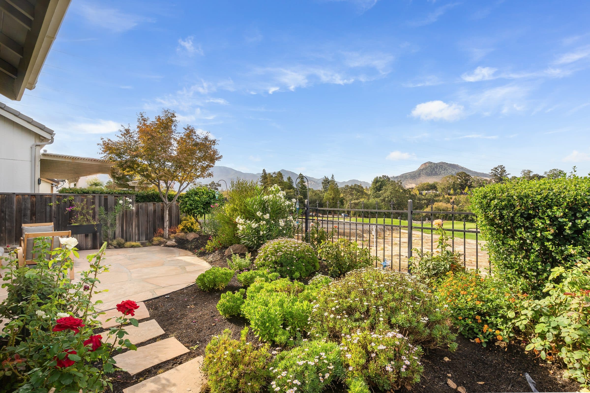 1049 Feather Circle. The garden at the fence line, Mount Diablo on the horizon.