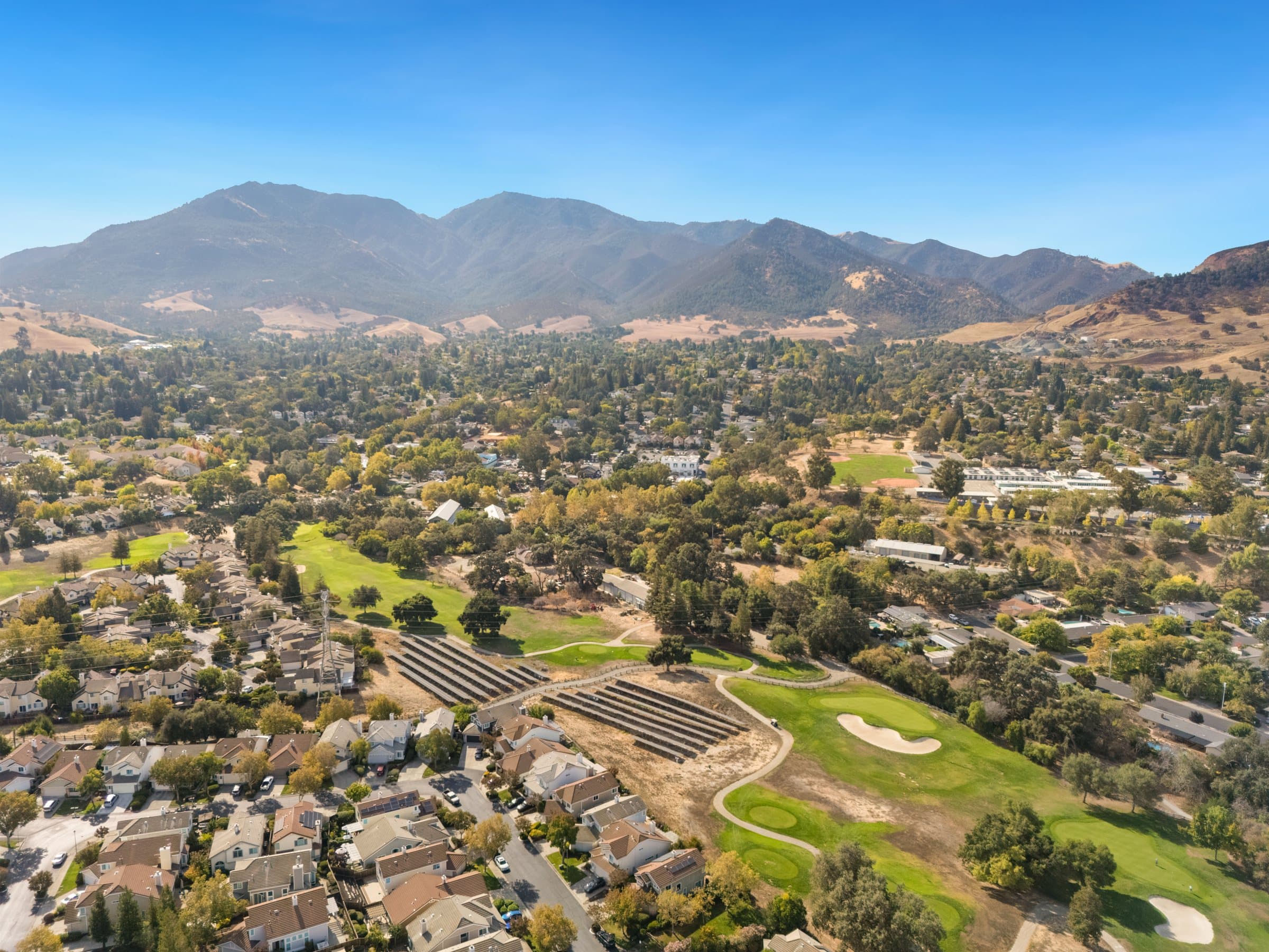 Clayton from the air, the course and neighborhood with Mount Diablo beyond.